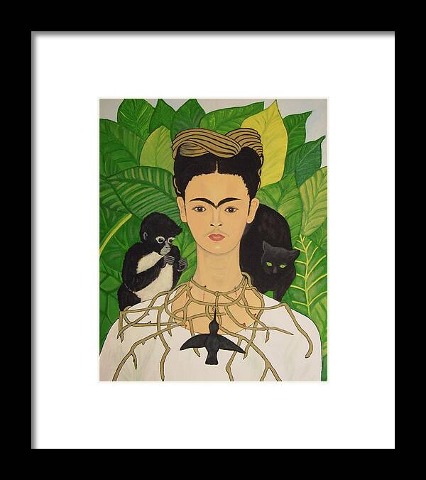 Frida Kahlo Framed Print featuring the painting Frida with Monkey and Cat by Stephanie Moore