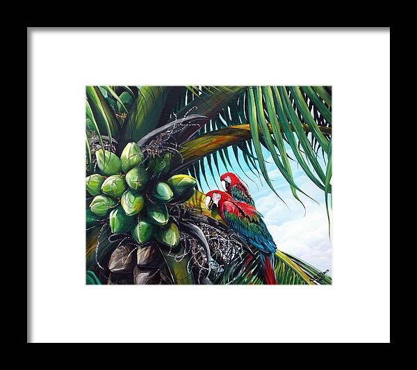 Macaws Bird Painting Coconut Palm Tree Painting Parrots Caribbean Painting Tropical Painting Coconuts Painting Palm Tree Greeting Card Painting Framed Print featuring the painting Friends Of A Feather by Karin Dawn Kelshall- Best