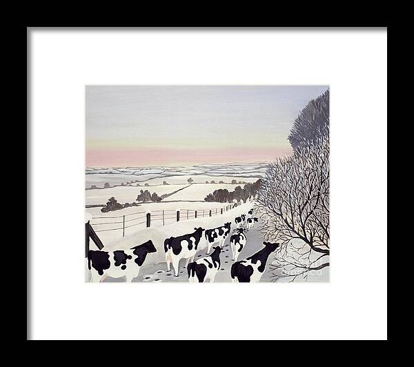 Fence Framed Print featuring the painting Friesians in Winter by Maggie Rowe