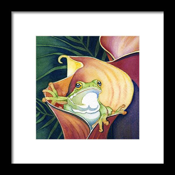  Framed Print featuring the painting Frog In Gold Calla Lily by Lyse Anthony