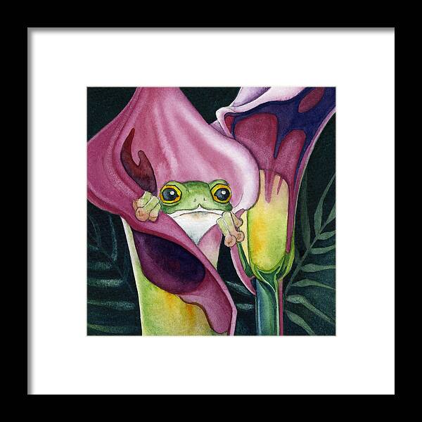  Framed Print featuring the painting Frog in Pink Calla Lily by Lyse Anthony
