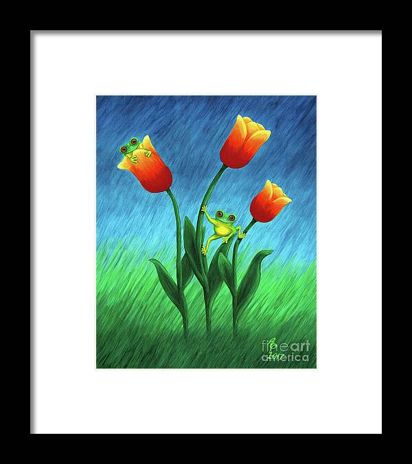 Frogs Framed Print featuring the painting Froggy Tulips by Rebecca Parker