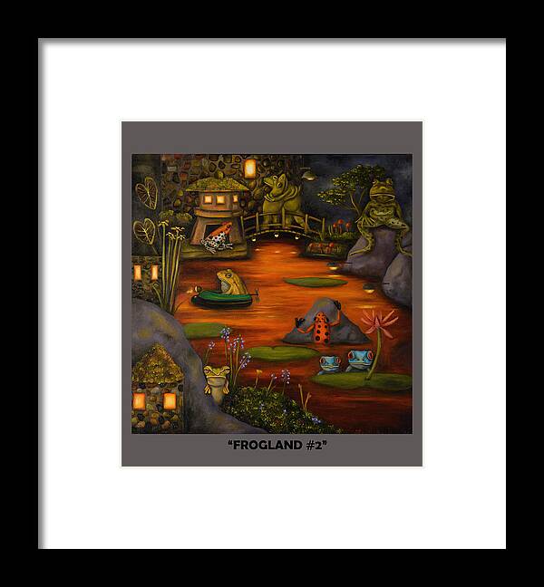 Frog Framed Print featuring the painting Frogland 2 with Lettering by Leah Saulnier The Painting Maniac