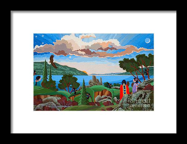 American Indian Painting Framed Print featuring the painting From a High Place, Troubles Remain Small by Chholing Taha
