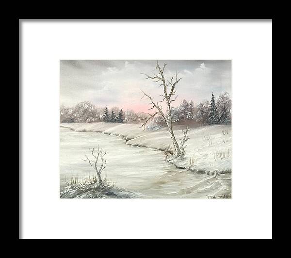 Oil Painting Winter Landscape Trees Snow Mountains Framed Print featuring the painting Frosty winter morning by Justin Wozniak