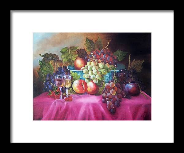 Oil Painting Framed Print featuring the painting Fruit and wine on mauve cloth by Joni McPherson