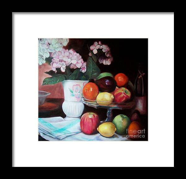 Still Life Framed Print featuring the painting Fruit on Glass Dish II by Marlene Book