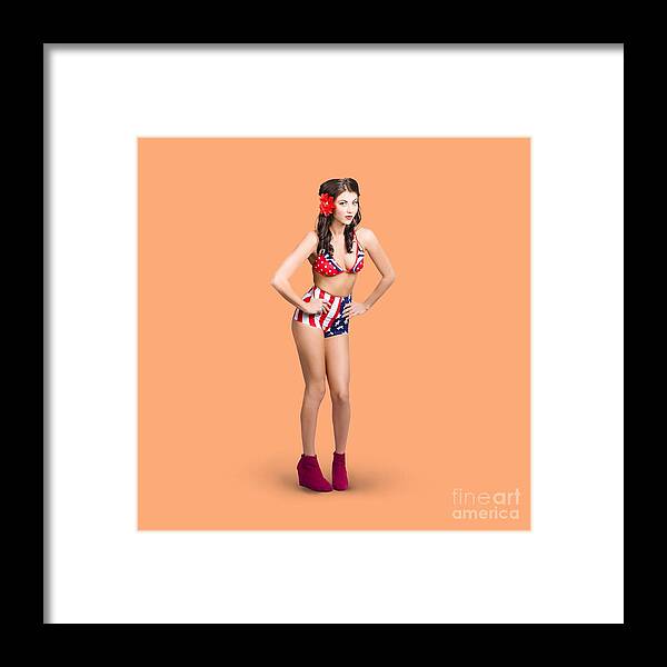 Pinup Framed Print featuring the photograph Full body pin-up girl. American retro style by Jorgo Photography