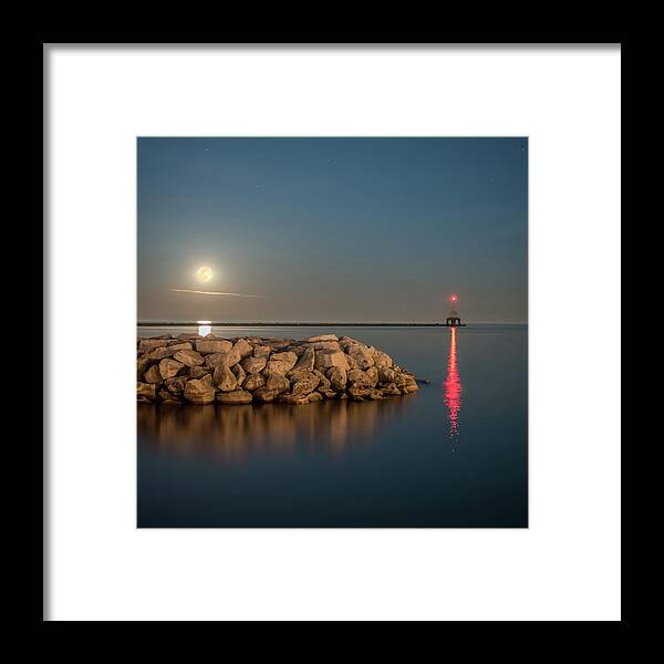 The Full Moon Illuminates The Port Washington Marina. Featuring The Iconic Art Deco Lighthouse Framed Print featuring the photograph Full Moon in Port Square by James Meyer