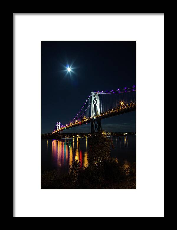 Hudson Valley Framed Print featuring the photograph Full Moon Over The Mid - Hudson Bridge by John Morzen