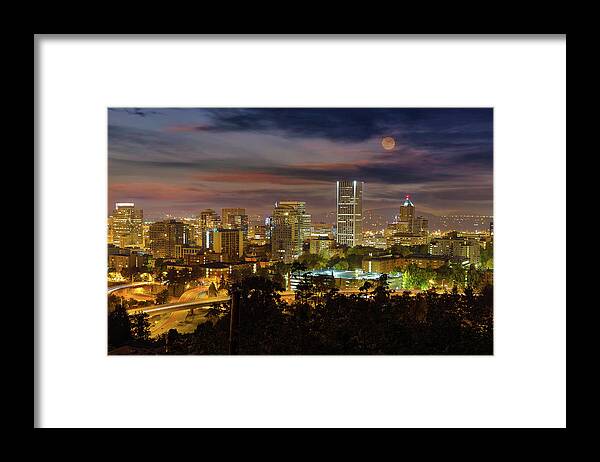 Portland Framed Print featuring the photograph Full Moon Rising over Downtown Portland by David Gn