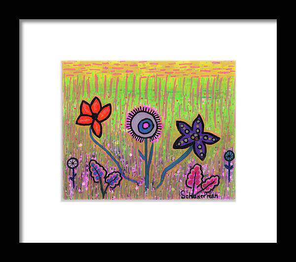 Original Drawing/painting Framed Print featuring the drawing Funky Flowers in a Field of Green by Susan Schanerman