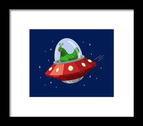 Aliens Framed Print featuring the painting Funny Green Alien Martian Chicken In Flying Saucer by Crista Forest