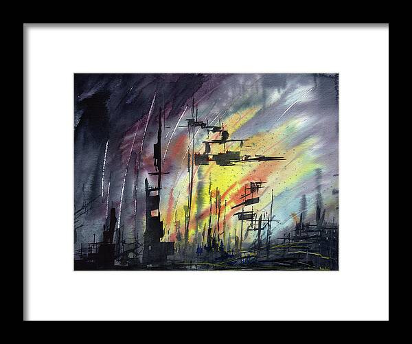 Landscape Framed Print featuring the painting Futuristic Cityscape by Sean Seal