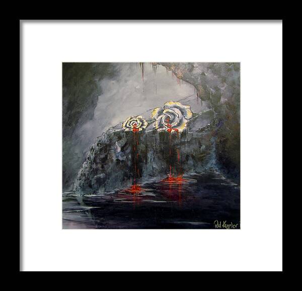 White/dying Roses; Tears Of Blood; Foggy Grotto Framed Print featuring the painting Gaia's Tears by Patricia Kanzler