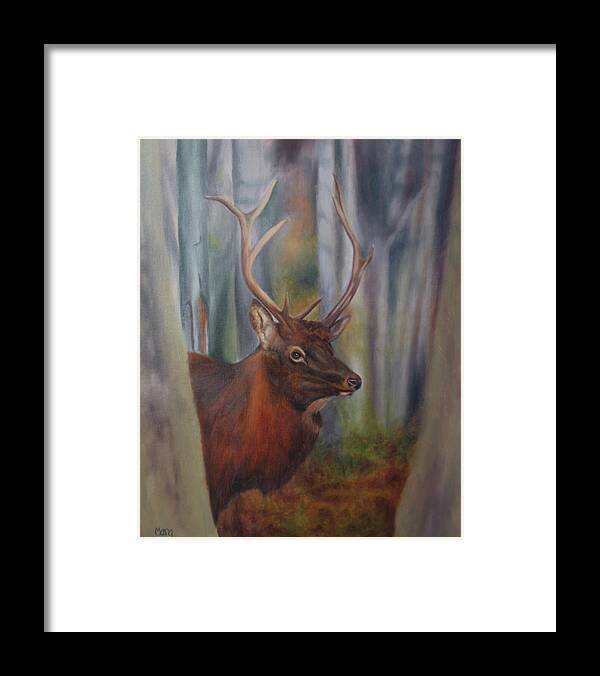 Elk; Gaming; Woods; Antlers Framed Print featuring the painting Game by Marg Wolf