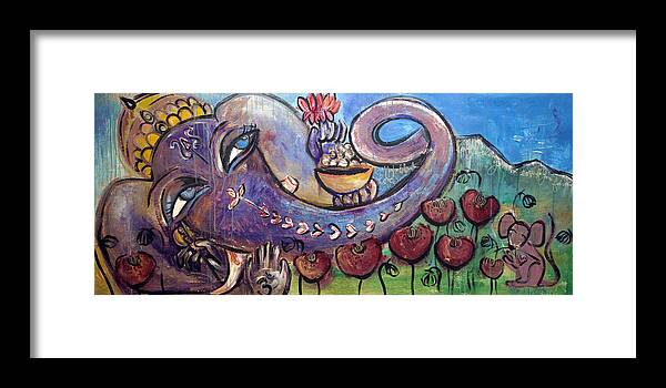 Purple Framed Print featuring the painting Ganesha with Poppies by Laurie Maves ART