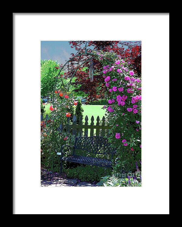 Roses Framed Print featuring the photograph Garden Bench and Trellis by Nancy Mueller