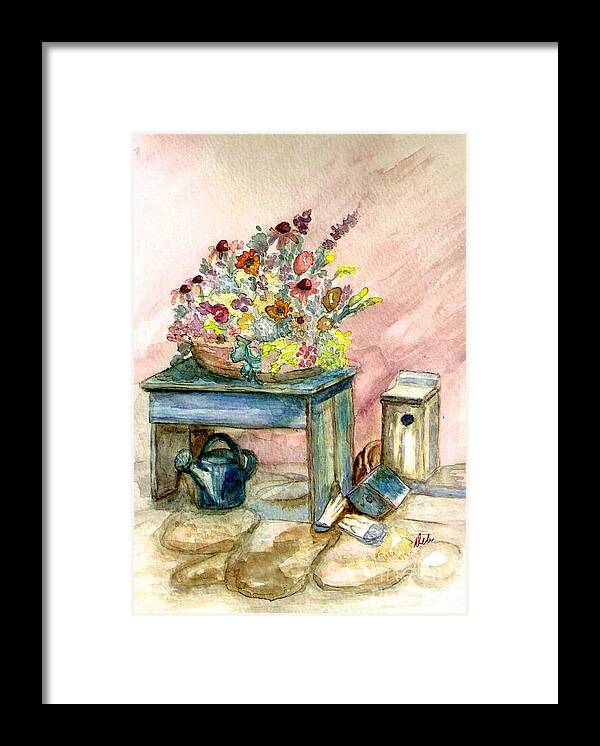 Gardening Framed Print featuring the painting Garden Bench by Deb Stroh-Larson
