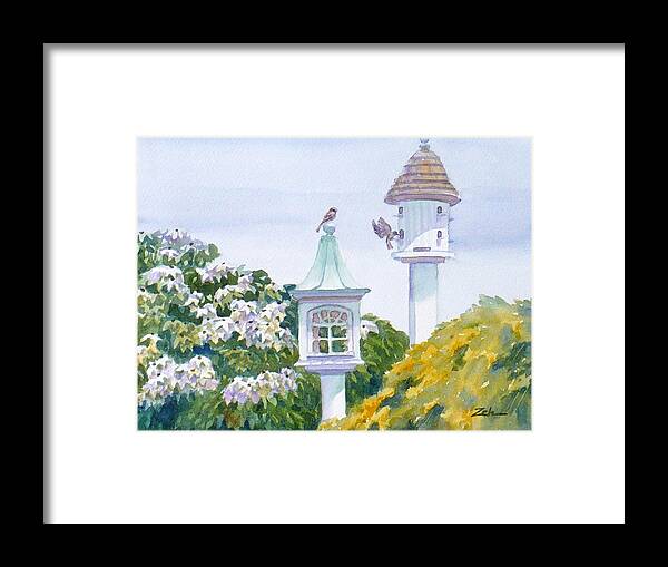 Bird Painting Framed Print featuring the painting Garden Birdhouses by Janet Zeh