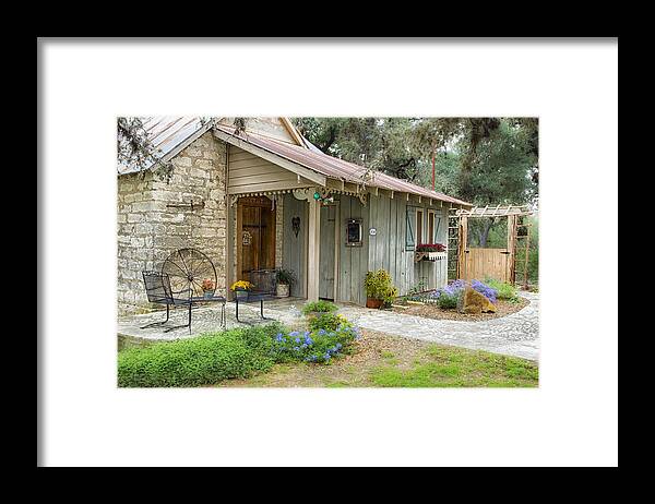 Garden Cottage Framed Print featuring the tapestry - textile Garden Cottage by Kathy Adams Clark