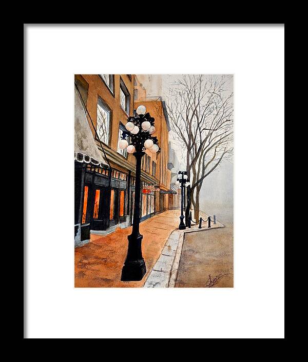 Street Scene Framed Print featuring the painting Gastown, Vancouver by Sher Nasser