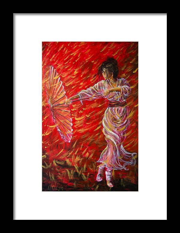 Geisha Framed Print featuring the painting Geisha - Rain Dance 02 by Nik Helbig