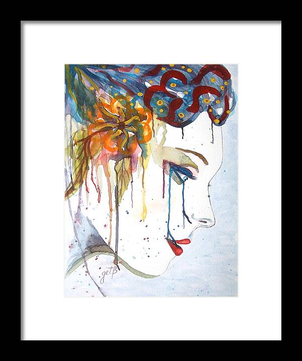 Geisha Face Framed Print featuring the painting Geisha Soul watercolor painting by Georgeta Blanaru