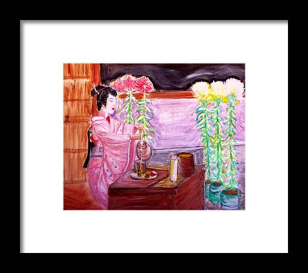 Geisha Framed Print featuring the painting Geisha Tea Ceremony by Stanley Morganstein