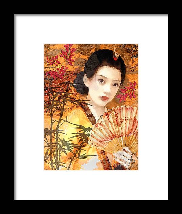 Geisha Framed Print featuring the painting Geisha with Fan by Mo T