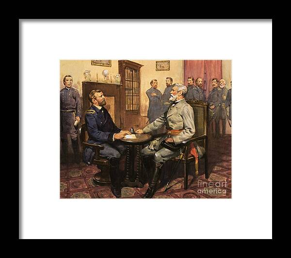General Grant Meets Robert E. Lee By English School (20th Century) Great Commanders: Hero Of The Southland. General Grant Meets Robert E. Lee. America; Army; Soldiers; American; Flag; American Civil War; Robert E Lee; General Grant; Surrender; Confederate; Union; Us Framed Print featuring the painting General Grant meets Robert E Lee by English School