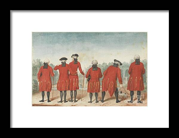 Louis Carrogis Dit Carmontelle Les Gentilshommes Du Duc D�orl�ans Dans L�habit De Saint-cloud.four Man Framed Print featuring the painting Gentilshommes Du Duc by MotionAge Designs