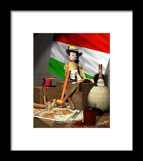 Wine Framed Print featuring the digital art Geppettos Workbench-The Creation of Pinocchio by Stuart Stone