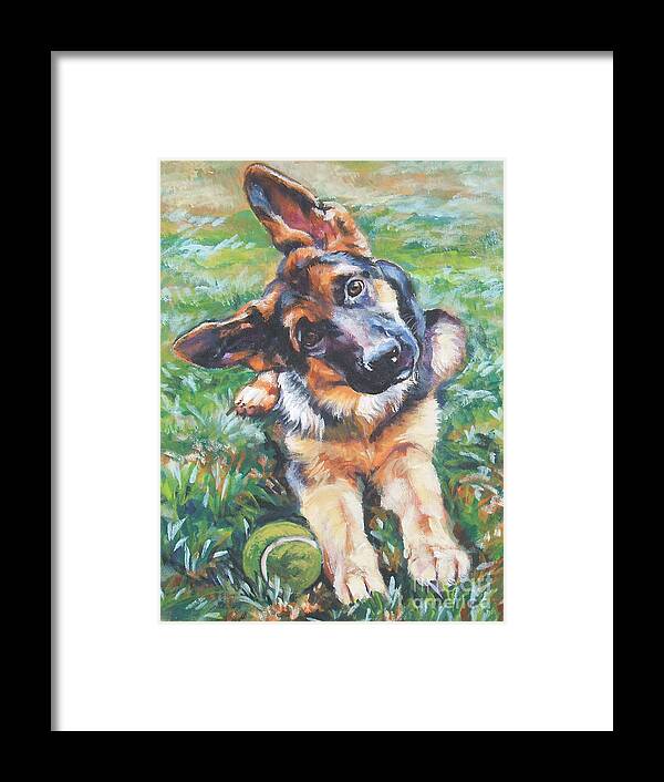 Dog Framed Print featuring the painting German shepherd pup with ball by Lee Ann Shepard