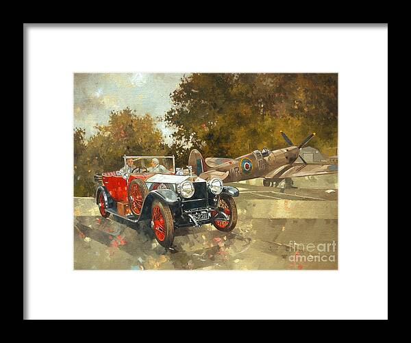 Rolls Royce; Car; Vehicle; Vintage; Automobile; Airplane; Aeroplane; Plane; Aircraft; Raf; Royal Air Force; Spitfire; Classic Car; Old Timer Framed Print featuring the painting Ghost and Spitfire by Peter Miller