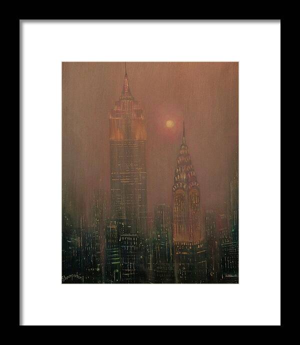 Chrysler Building Framed Print featuring the painting Giants in the Mist by Tom Shropshire