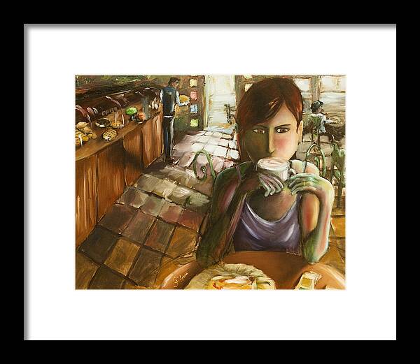 Cafe Framed Print featuring the painting Girl at the Cafe by Carlos Flores