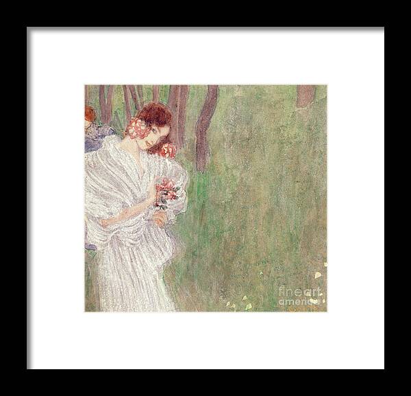 Klimt Framed Print featuring the painting Girl in a White Dress Standing in a Forest by Gustav Klimt