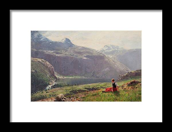 Hans Andreas Dahl Framed Print featuring the painting Girl in the fjords by Hans Andreas Dahl