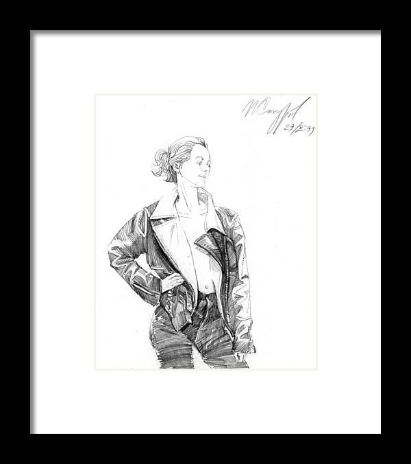 Igor Sakurov Framed Print featuring the drawing Girl in the Leather Jacket by Igor Sakurov