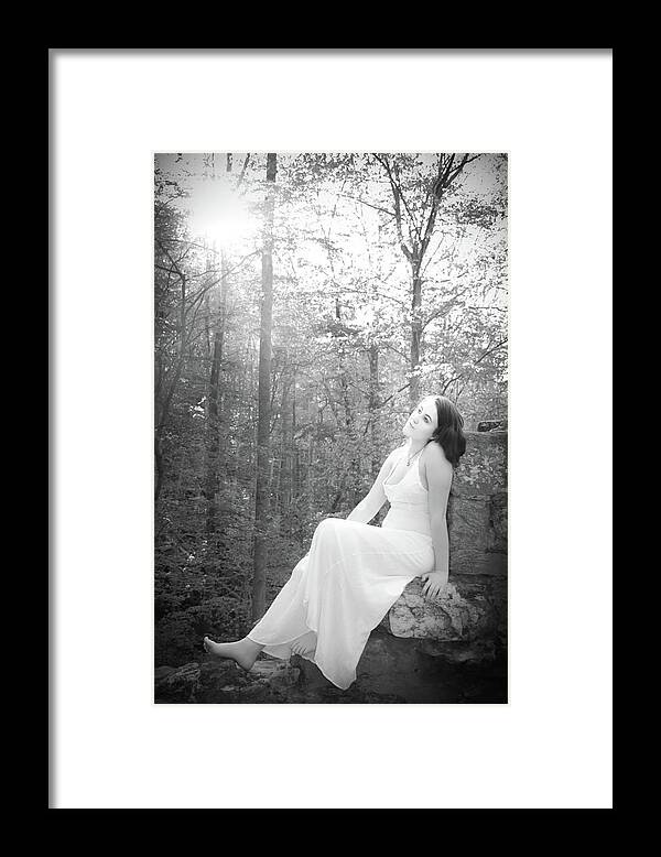 Kelly Hazel Framed Print featuring the photograph Girl in the Sunlight in the Forest by Kelly Hazel