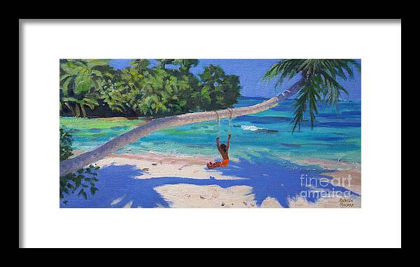 Girl On A Swing Framed Print featuring the painting Girl on a swing, Seychelles by Andrew Macara