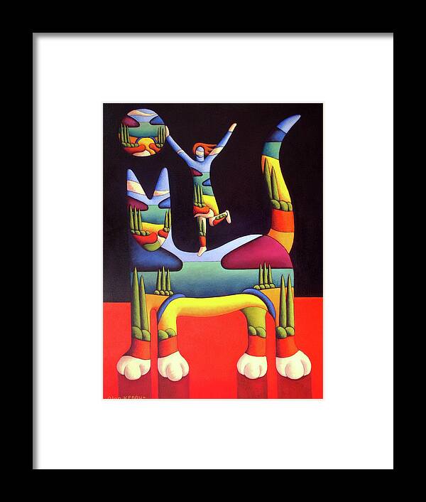 Cat Framed Print featuring the painting Girl on cat in landscape in cat by Alan Kenny