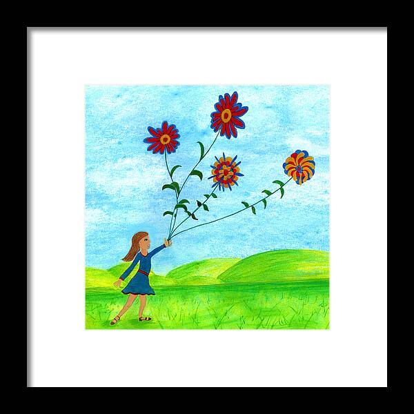 Landscape Framed Print featuring the digital art Girl With Flowers by Christina Wedberg