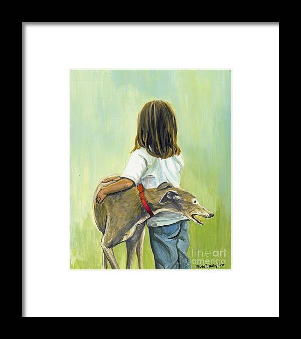Greyhound Framed Print featuring the painting Girl with Greyhound by Charlotte Yealey