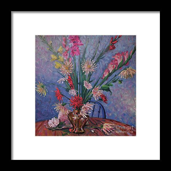 Floral Framed Print featuring the painting Gladiolas and Dahlias by Donald Maier