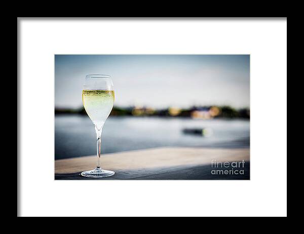 Alcohol Framed Print featuring the photograph Glass Of Champagne At Modern Outdoor Bar At Sunset by JM Travel Photography