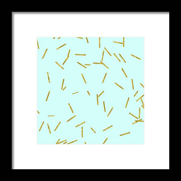 Stix Framed Print featuring the digital art Glitter confetti on aqua gold pick up sticks pattern by Tina Lavoie