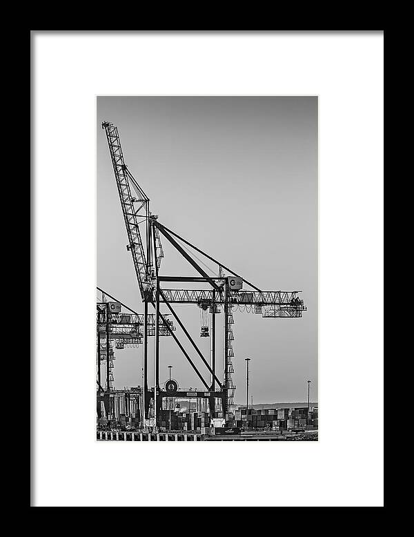 Crane Framed Print featuring the photograph Global Containers Terminal Cargo Freight Cranes BW by Susan Candelario