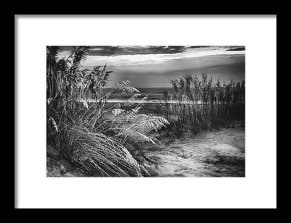 Outer Banks Framed Print featuring the photograph Glowing Dunes Before Sunrise on the Outer Banks BW by Dan Carmichael